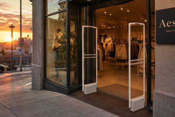EAS antenna pedestals at an apparel store entrance