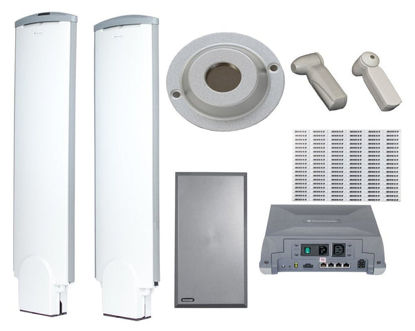 Complete EAS package with dual pedestals, security tags, a detacher, barcode labels and a deactivator