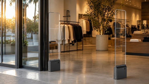 EAS security pedestals at a retail store entrance