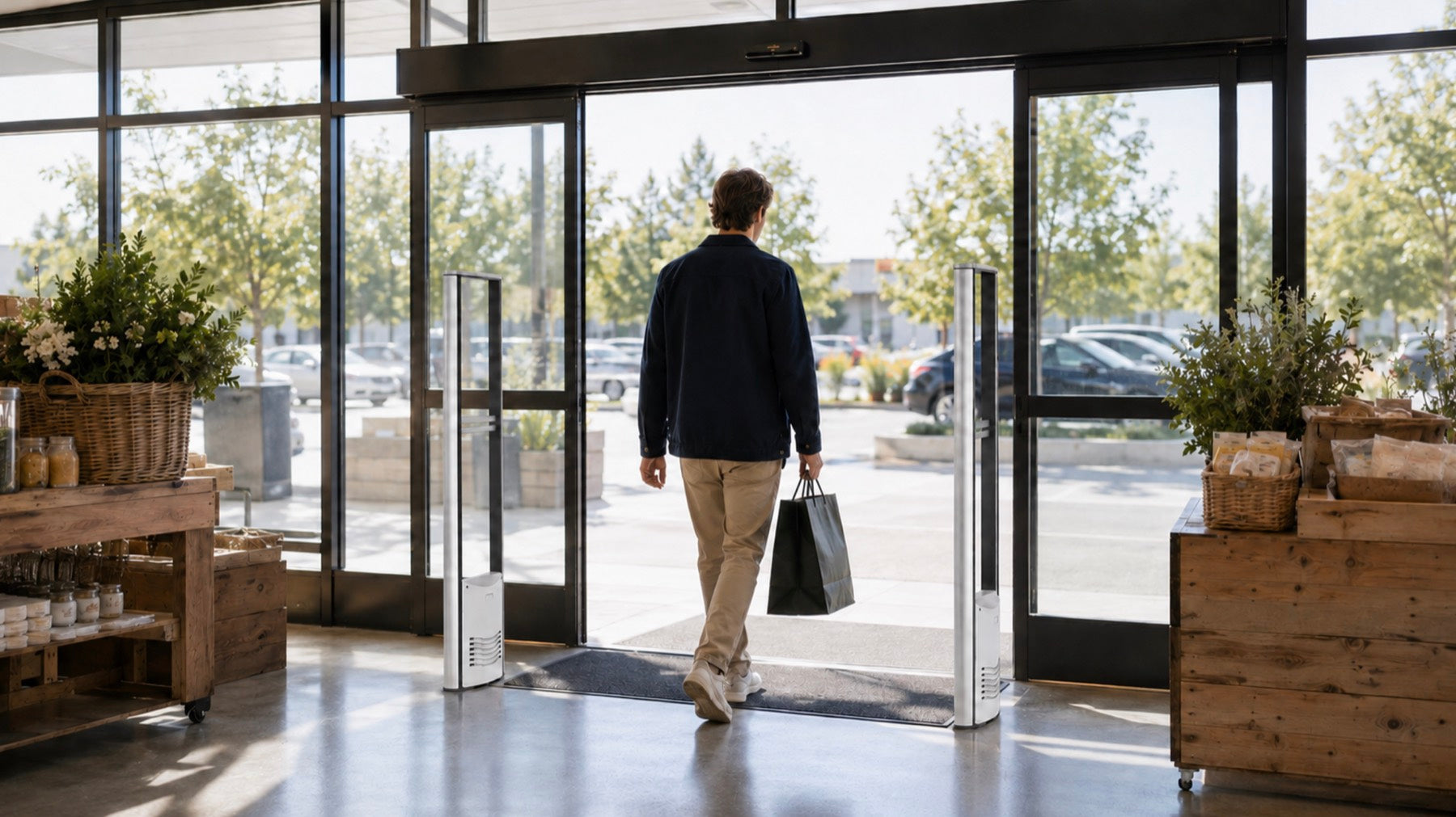 EAS detection pedestals at a retail store entrance